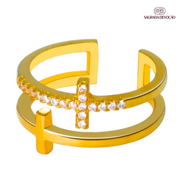 Anel de Cruz Dupla Folheado a Ouro e Prata 925 - Ajustável